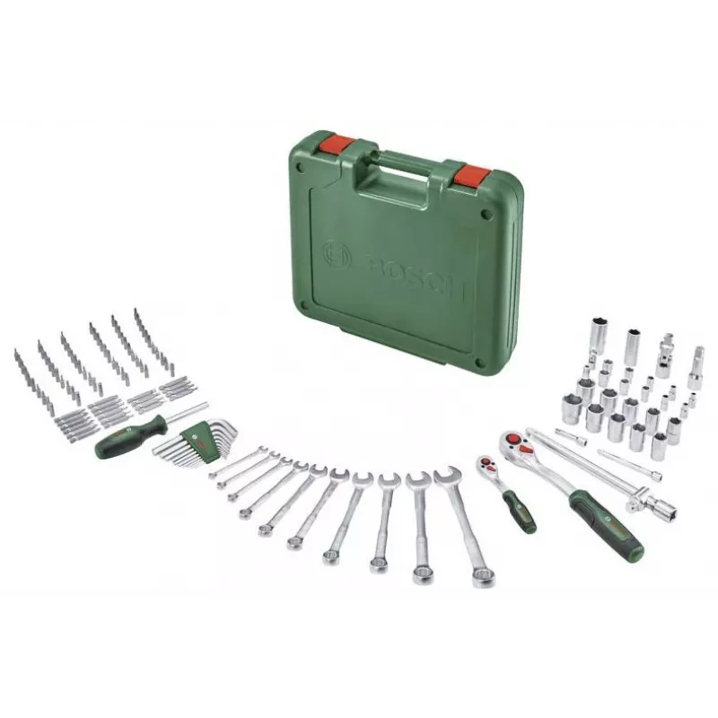 BOSCH POWERTOOLS set de herramientas DIY de 134 piezas en maletín verde con herramientas de mano, puntas, material de fijación y accesorios