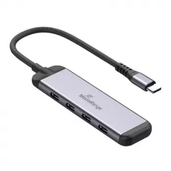 MEDIARANGE MRCS512 hub USB-C 4 puertos 3x USB-C 3.2 Gen 1 + 1x PD 100W plateado