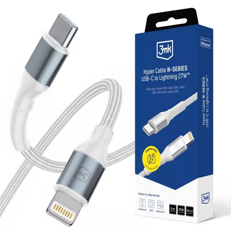 3mk Hyper Cable N-SERIES USB-C a Lightning 3m PD 3.0 9V/3A 27W blanco