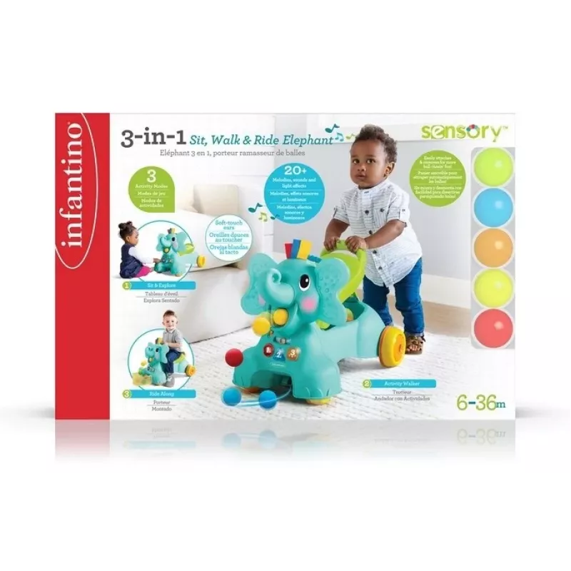 B-KIDS elefante 3 en 1 para sentarse, andar y montar de Infantino