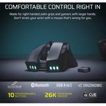 Ratón gaming CORSAIR Ironclaw Wireless SE - 26.000 DPI, óptico, SLIPSTREAM Wireless, Bluetooth, USB, RGB, Negro