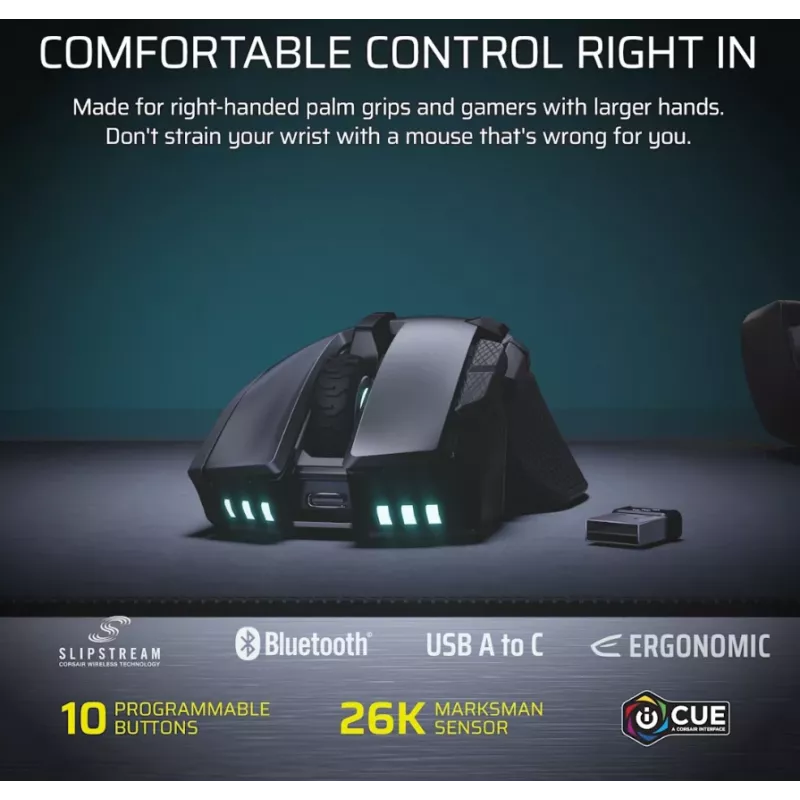 Ratón gaming CORSAIR Ironclaw Wireless SE - 26.000 DPI, óptico, SLIPSTREAM Wireless, Bluetooth, USB, RGB, Negro
