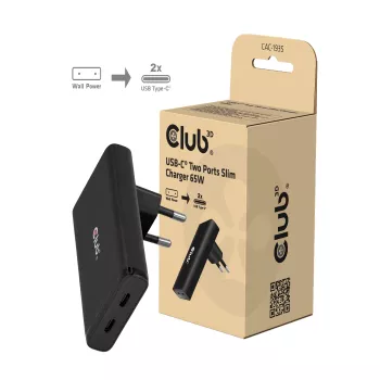 Club 3D CAC-1935 cargador slim 65W Dual-USB-C-GaN-PD-3.1-PPS, negro
