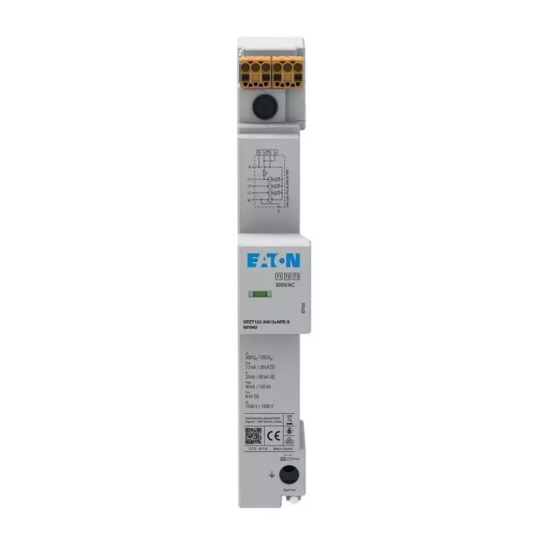 Eaton SPZT123-300/3+NPE-S Tipo 2 Protector contra sobretensiones para barra colectora de 40mm, 3+NPE, 300V, 20kA/40kA