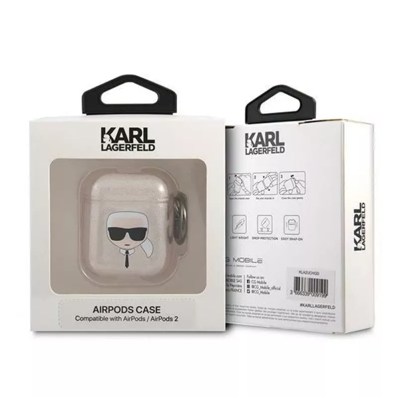 Karl Lagerfeld KLA2UKHGD funda para AirPods 1/2 oro con purpurina Karl Head