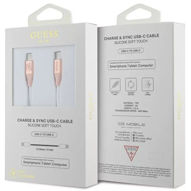 Cable de carga rápida USB-C a USB-C GUESS GUCCLALRGDP 1,5 m rosa con logo en relieve