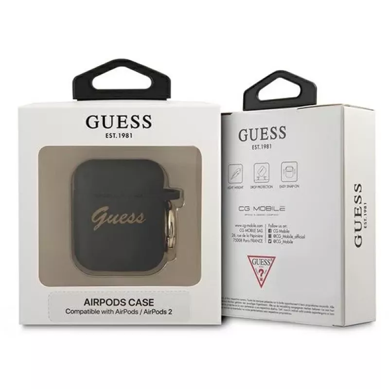 Funda para AirPods 1/2 Guess GUA2SSSK negra de silicona Vintage Script