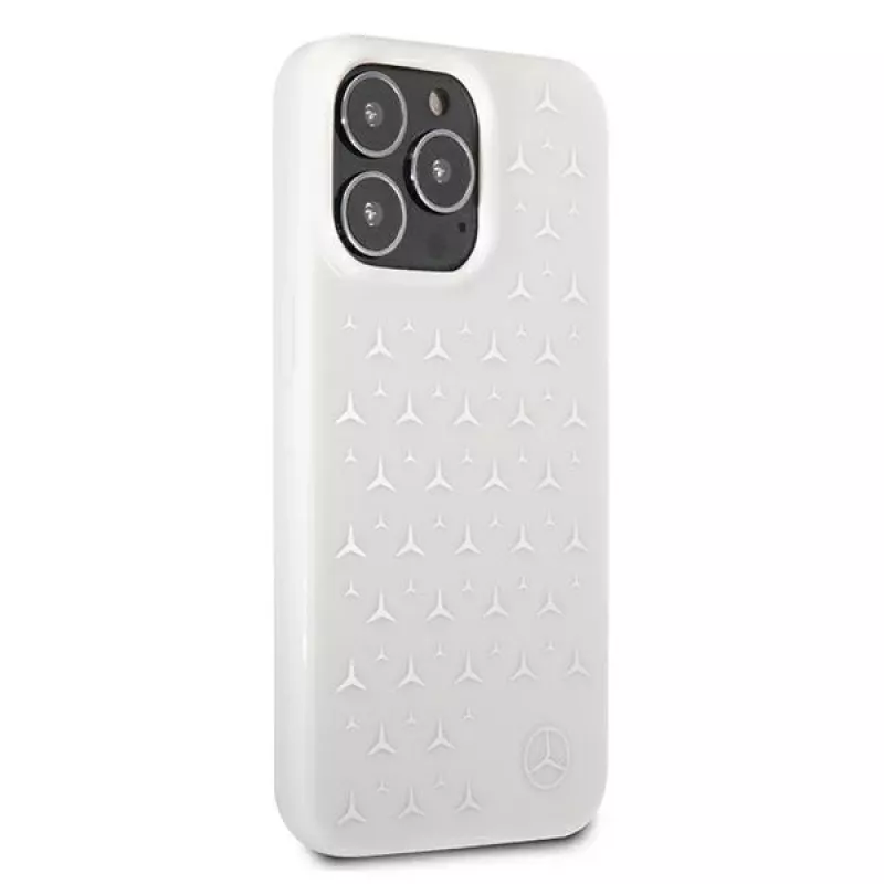Funda rígida Mercedes-Benz para iPhone 13 Pro Max con patrón de estrellas plateadas blanca