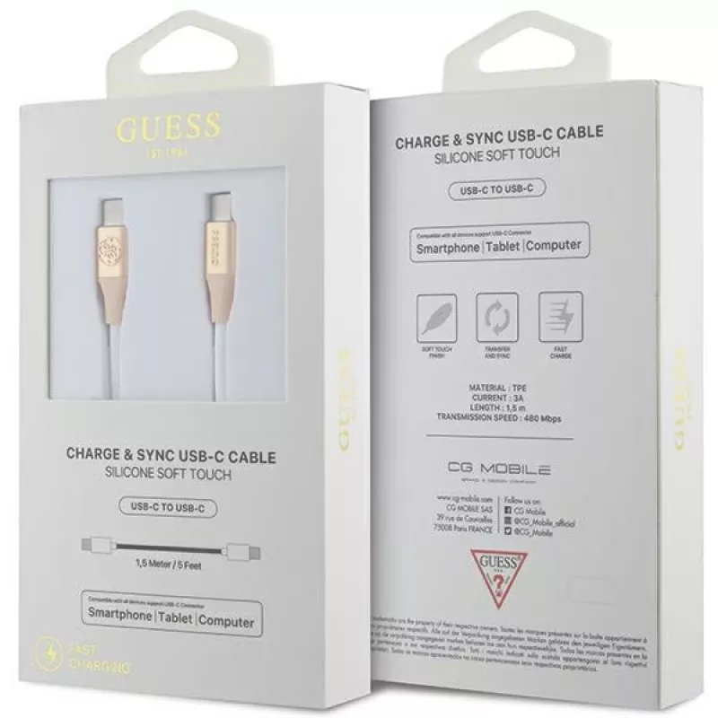 Cable USB-C a USB-C GUESS GUCCLALRGDD 1,5 m carga rápida oro claro logo en relieve