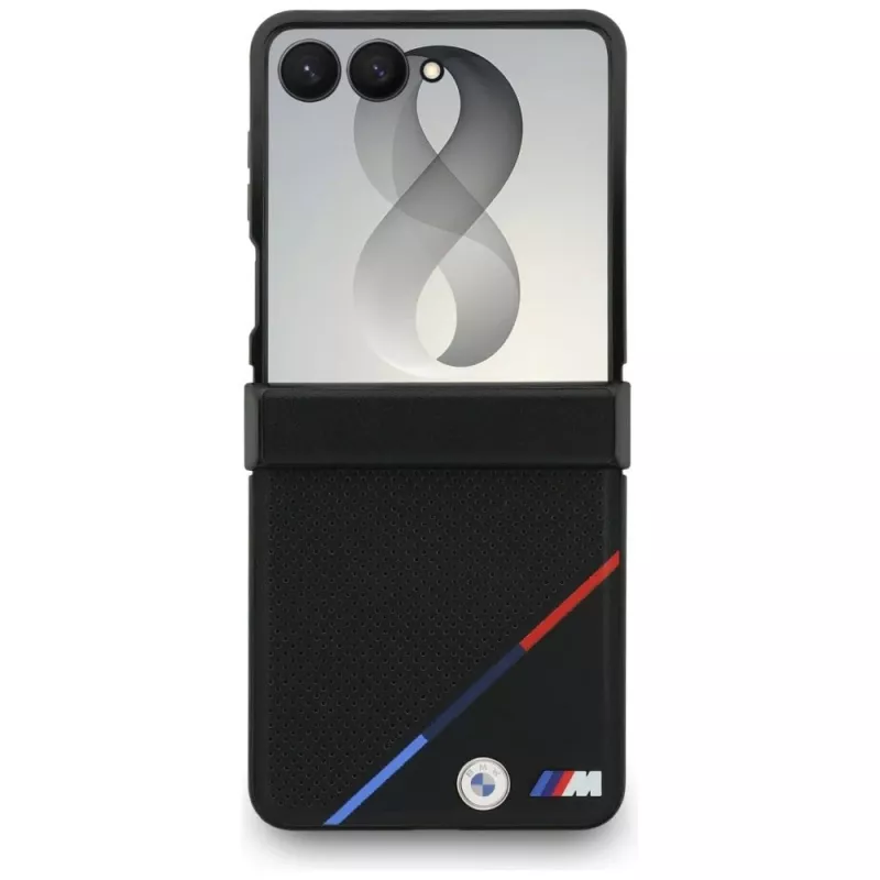 Funda MagSafe BMW M de piel con rayas tricolor perforadas para Samsung Galaxy Z Flip8 - Negra