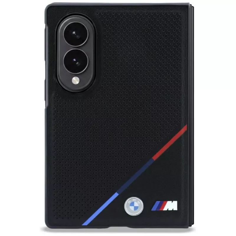 Funda MagSafe BMW M de piel perforada con rayas tricolor y logos metálicos para Samsung Galaxy Z Fold8 - Negra