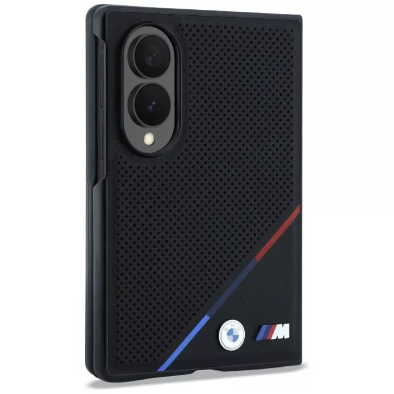Funda MagSafe BMW M de piel perforada con rayas tricolor y logos metálicos para Samsung Galaxy Z Fold8 - Negra