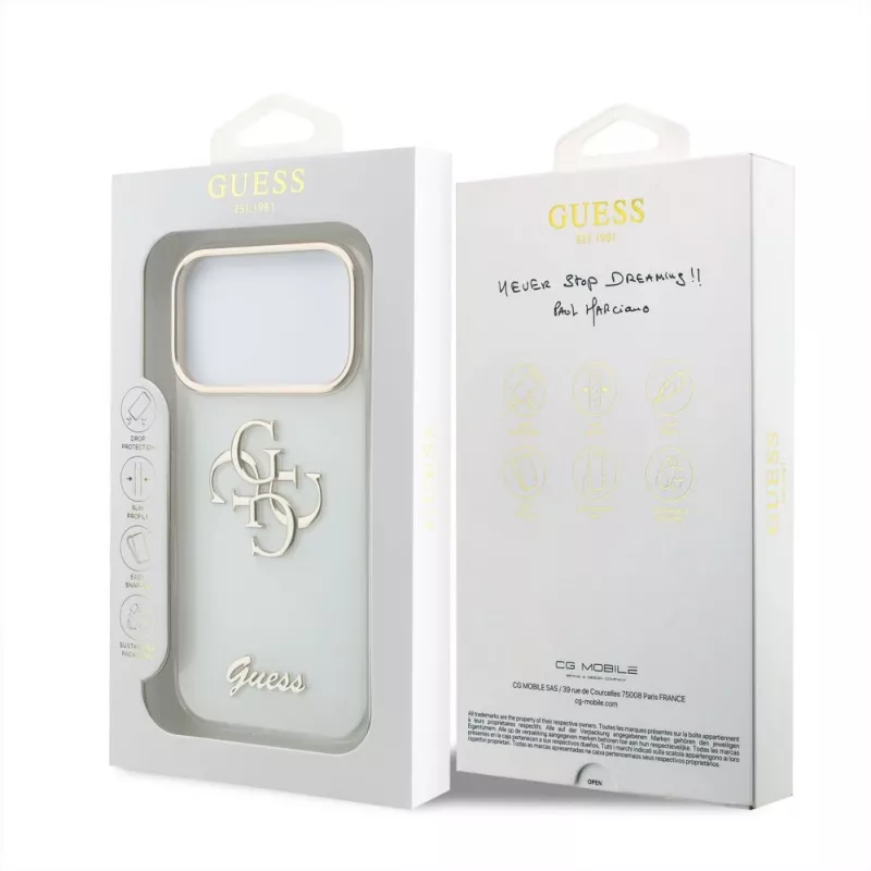 Funda protectora GUESS 4G Script Metal para iPhone 18 Pro Max / 17 Pro Max - Blanco