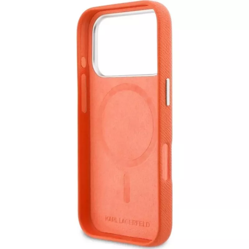 Funda MagSafe Karl Lagerfeld Karl & Choupette Head Pins Saffiano para iPhone 17 Pro Max - Naranja