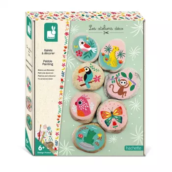 Set creativo de pintura sobre piedras Janod – 6 piedras naturales, 6 pinturas acrílicas, 2 pinceles, purpurina, ojos móviles, pegatinas – a partir de 6 años