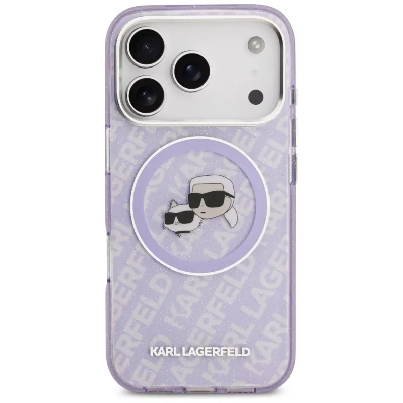 Funda MagSafe Karl Lagerfeld IML Glitter Karl & Choupette Heads Logo para iPhone 17 Pro Max - Morado