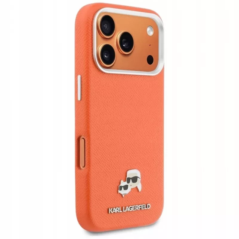 Karl Lagerfeld Karl & Choupette Head Pins Saffiano funda MagSafe para iPhone 17 Pro - Naranja