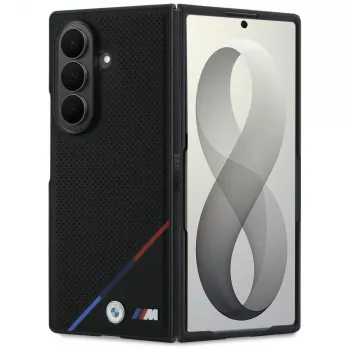 BMW M funda MagSafe cuero perforado con franja tricolor y logos metálicos para Samsung Galaxy Z Fold8 Ultra - Negro