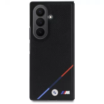 BMW M funda MagSafe cuero perforado con franja tricolor y logos metálicos para Samsung Galaxy Z Fold8 Ultra - Negro