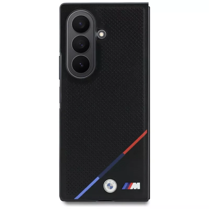 BMW M funda MagSafe cuero perforado con franja tricolor y logos metálicos para Samsung Galaxy Z Fold8 Ultra - Negro