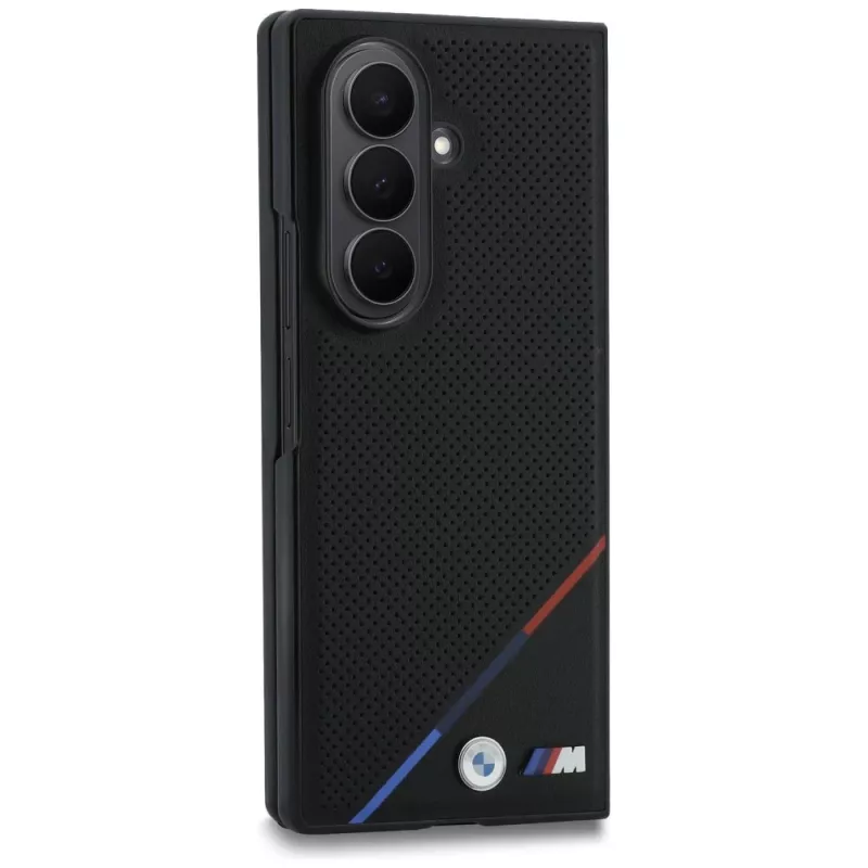BMW M funda MagSafe cuero perforado con franja tricolor y logos metálicos para Samsung Galaxy Z Fold8 Ultra - Negro