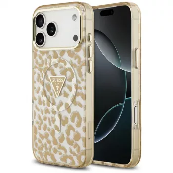 Funda MagSafe GUESS IML Leopard Glitter Triangle Logo para iPhone 18 Pro / 17 Pro, Marrón