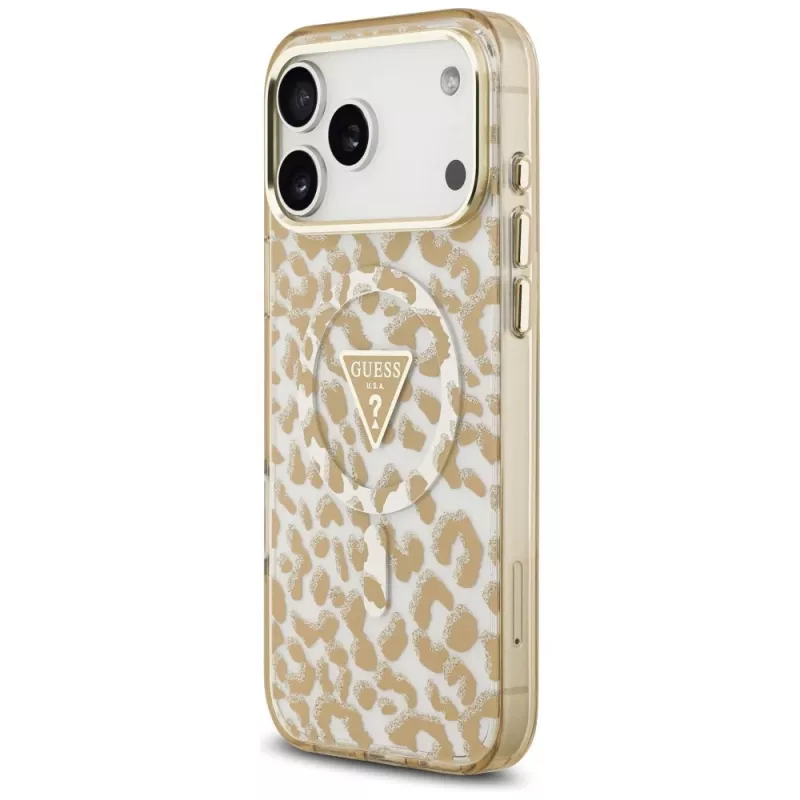 Funda MagSafe GUESS IML Leopard Glitter Triangle Logo para iPhone 18 Pro / 17 Pro, Marrón