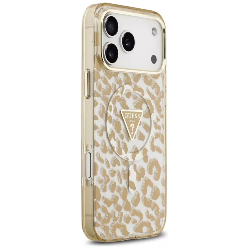 Funda MagSafe GUESS IML Leopard Glitter Triangle Logo para iPhone 18 Pro / 17 Pro, Marrón