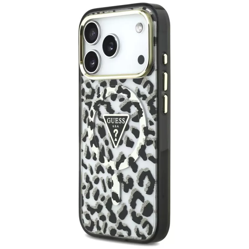 GUESS IML Leopard Glitter Triangle Logo funda MagSafe para iPhone 18 Pro / 17 Pro - Negro