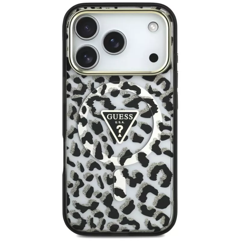 GUESS IML Leopard Glitter Triangle Logo funda MagSafe para iPhone 18 Pro / 17 Pro - Negro