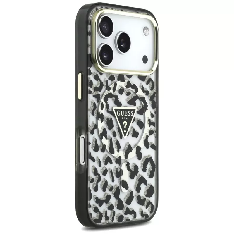 GUESS IML Leopard Glitter Triangle Logo funda MagSafe para iPhone 18 Pro / 17 Pro - Negro