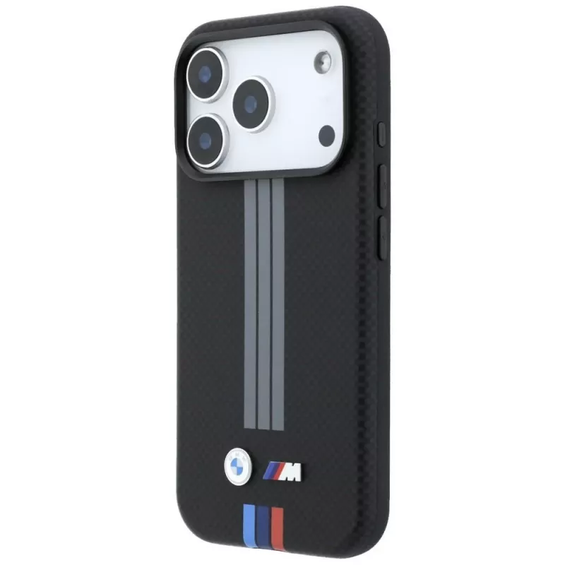 BMW M Quadrille Kevlar funda MagSafe antracita con líneas impresas tricolor para iPhone 18 Pro / 17 Pro