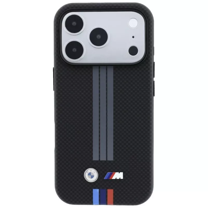 BMW M Quadrille Kevlar funda MagSafe antracita con líneas impresas tricolor para iPhone 18 Pro / 17 Pro