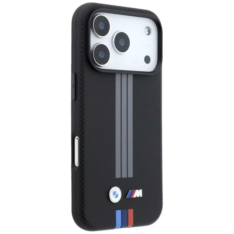 BMW M Quadrille Kevlar funda MagSafe antracita con líneas impresas tricolor para iPhone 18 Pro / 17 Pro