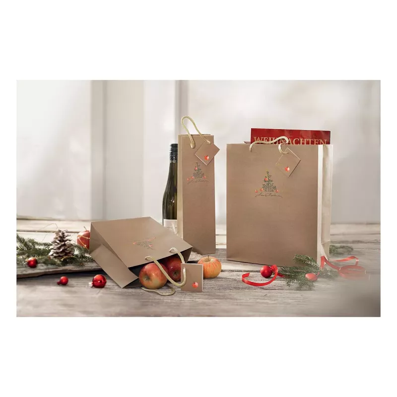SIGEL GT042 bolsas de regalo navideñas para botellas con motivo de manzana, 10 x 35 cm, papel kraft, pack de 5