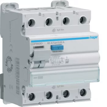 Hager CDF663D Interruptor diferencial, 4 polos, 63 A, 30 mA, Tipo F, 10 kA