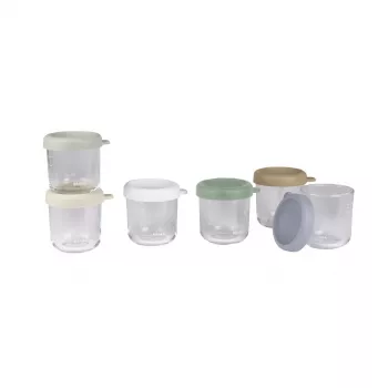 Beaba Set de tarros de vidrio para alimentos de bebé con tapas herméticas, 6 x 250 ml, Mix colores naturales