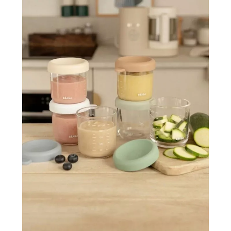 Beaba Set de tarros de vidrio para alimentos de bebé con tapas herméticas, 6 x 250 ml, Mix colores naturales