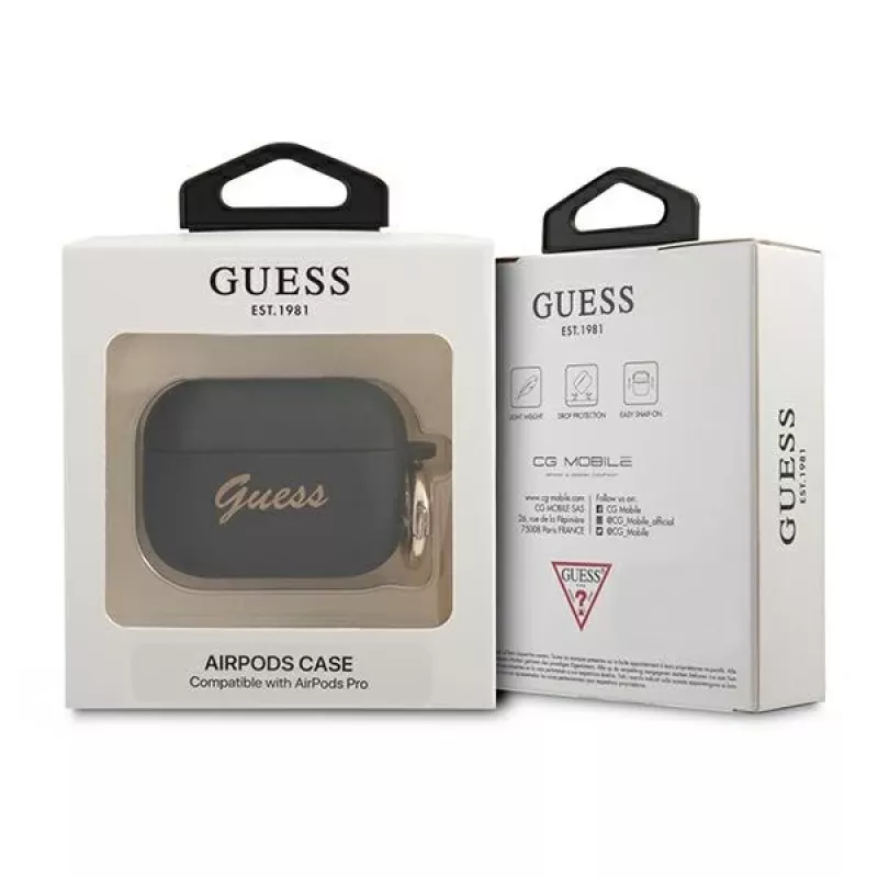 GUESS GUAPSSSK Funda AirPods Pro Negra Silicona Vintage Script