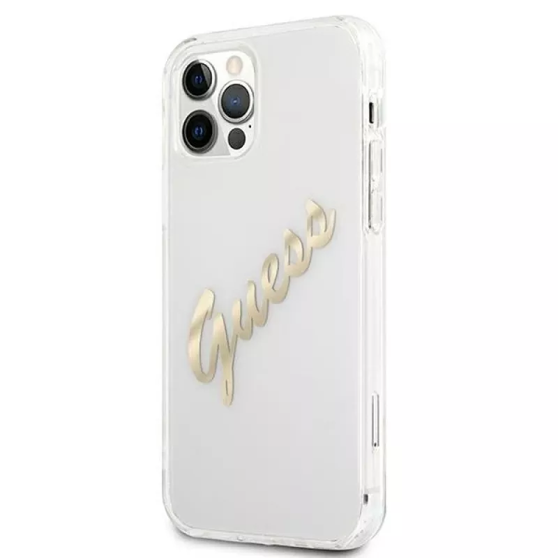 GUESS Vintage Script Gold Funda rígida para Apple iPhone 12 Pro Max - Transparente