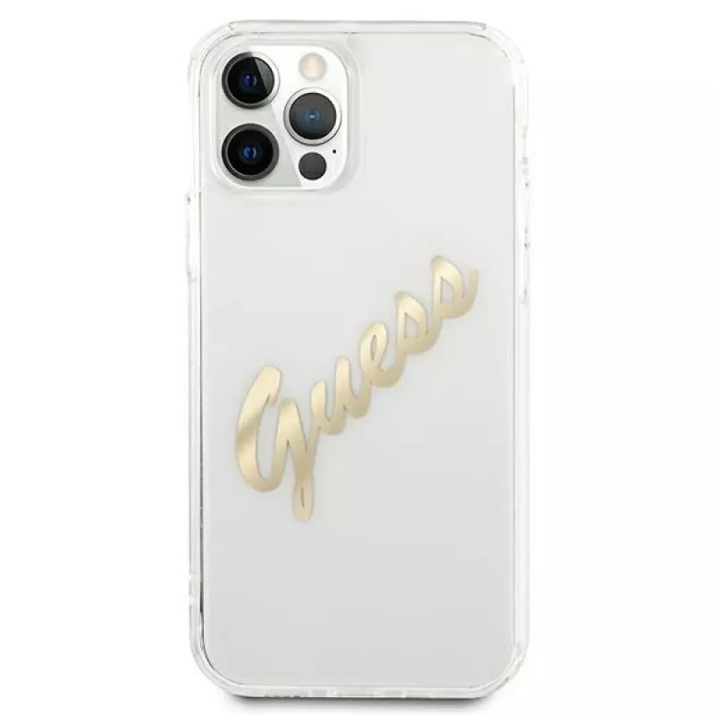 GUESS Vintage Script Gold Funda rígida para Apple iPhone 12 Pro Max - Transparente