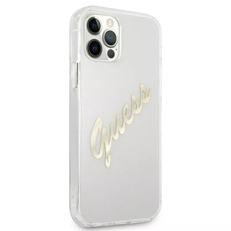 GUESS Vintage Script Gold Funda rígida para Apple iPhone 12 Pro Max - Transparente