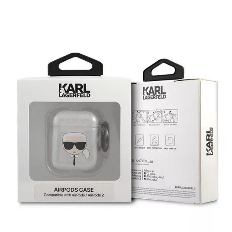 Karl Lagerfeld KLA2UKHGS Funda AirPods 1/2 Plata Brillo Karl's Head