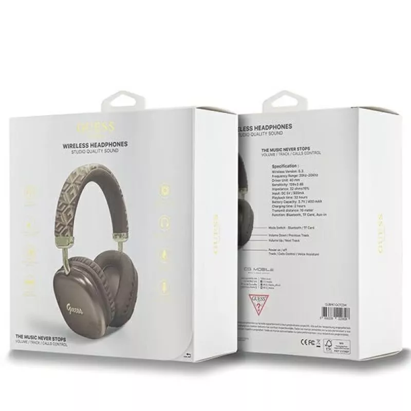 GUESS GUE003639 Gcube Auriculares Bluetooth on-ear con logo Metallic Script Marrón