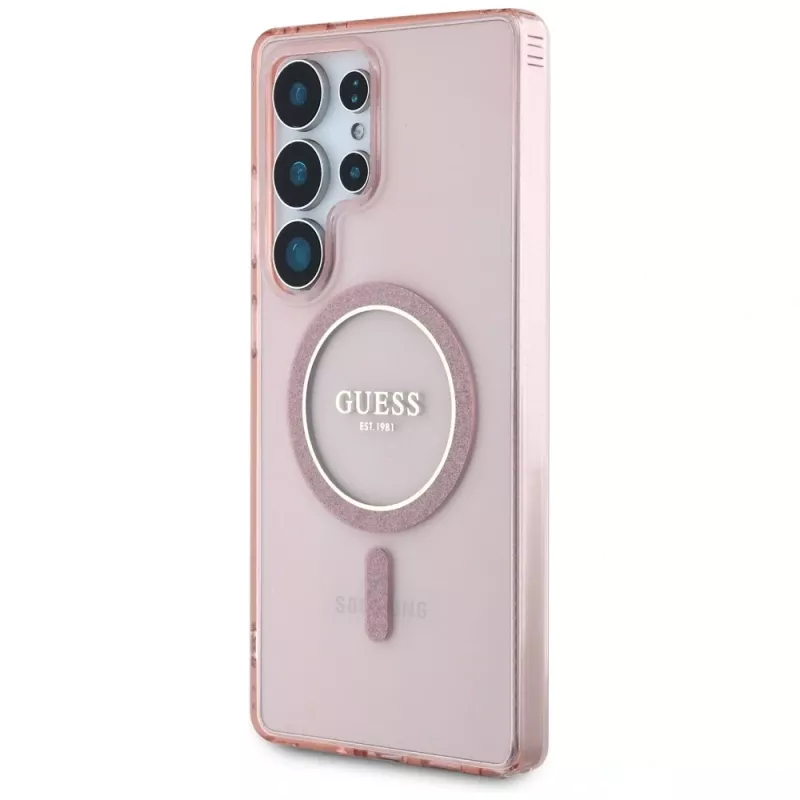 GUESS Glitter Circle Classic Logo Funda MagSafe para Samsung Galaxy S25 Ultra - Rosa