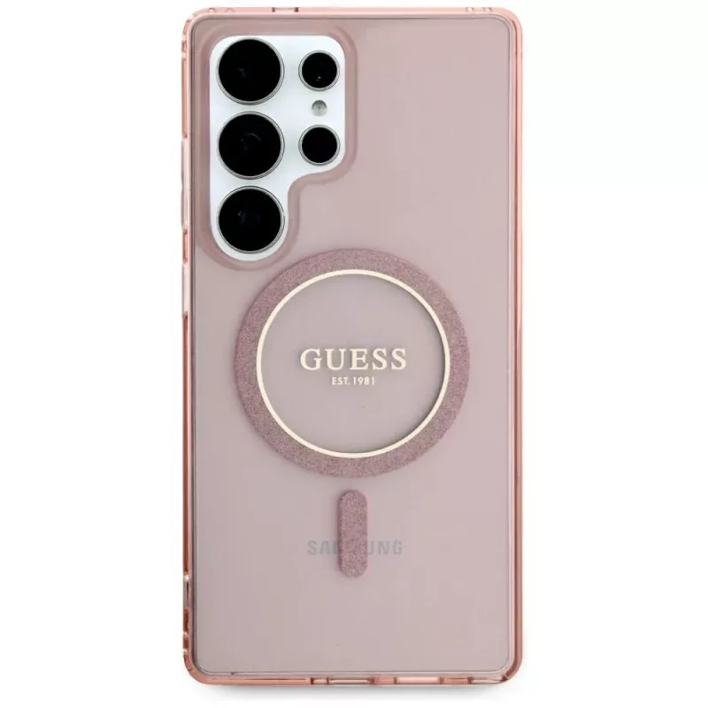 GUESS Glitter Circle Classic Logo Funda MagSafe para Samsung Galaxy S25 Ultra - Rosa