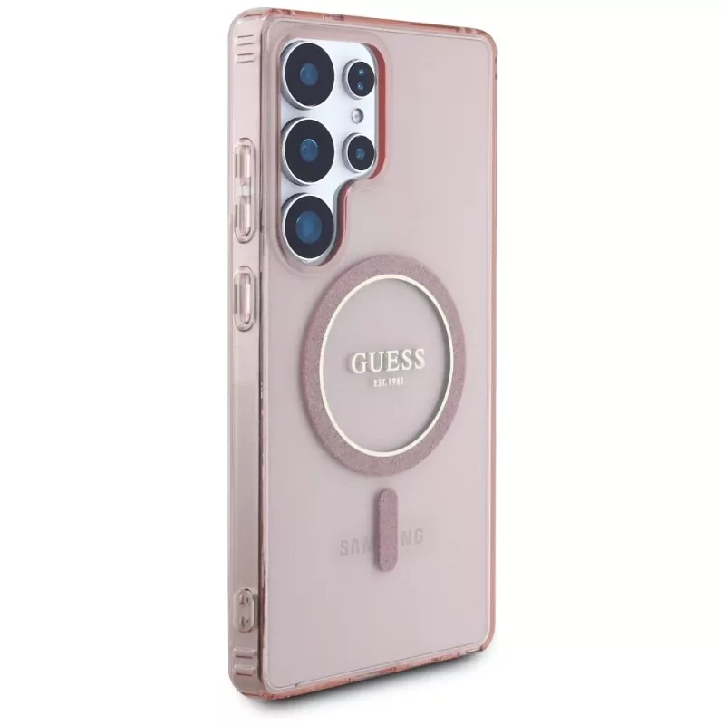 GUESS Glitter Circle Classic Logo Funda MagSafe para Samsung Galaxy S25 Ultra - Rosa