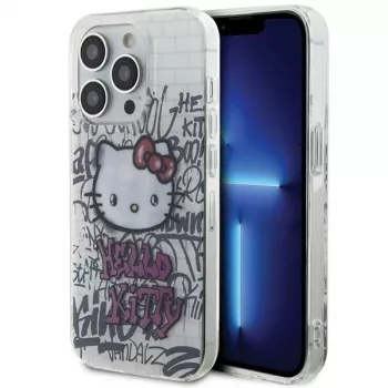 Hello Kitty HKHCP15LHDGPHT Funda rígida iPhone 15 Pro IML Kitty On Bricks Graffiti Blanca