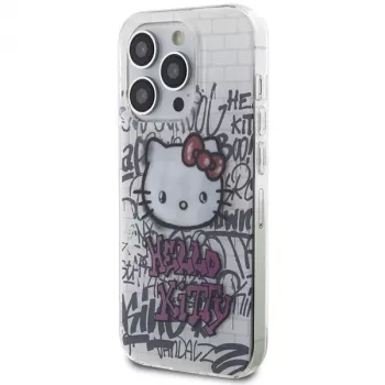 Hello Kitty HKHCP15LHDGPHT Funda rígida iPhone 15 Pro IML Kitty On Bricks Graffiti Blanca