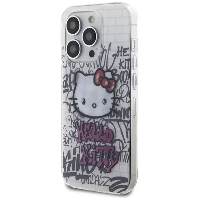 Hello Kitty HKHCP15LHDGPHT Funda rígida iPhone 15 Pro IML Kitty On Bricks Graffiti Blanca
